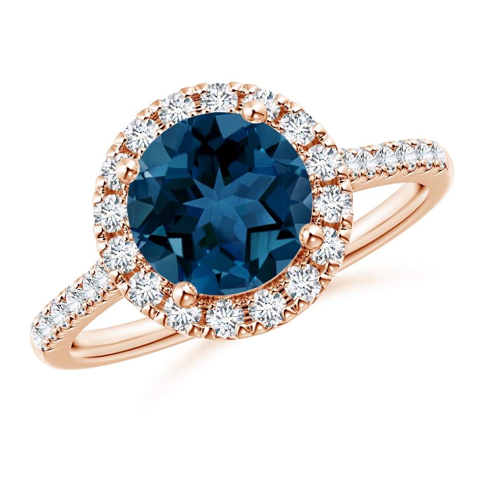 8mm AAA Round London Blue Topaz Halo Ring with Diamond Accents in Rose Gold 