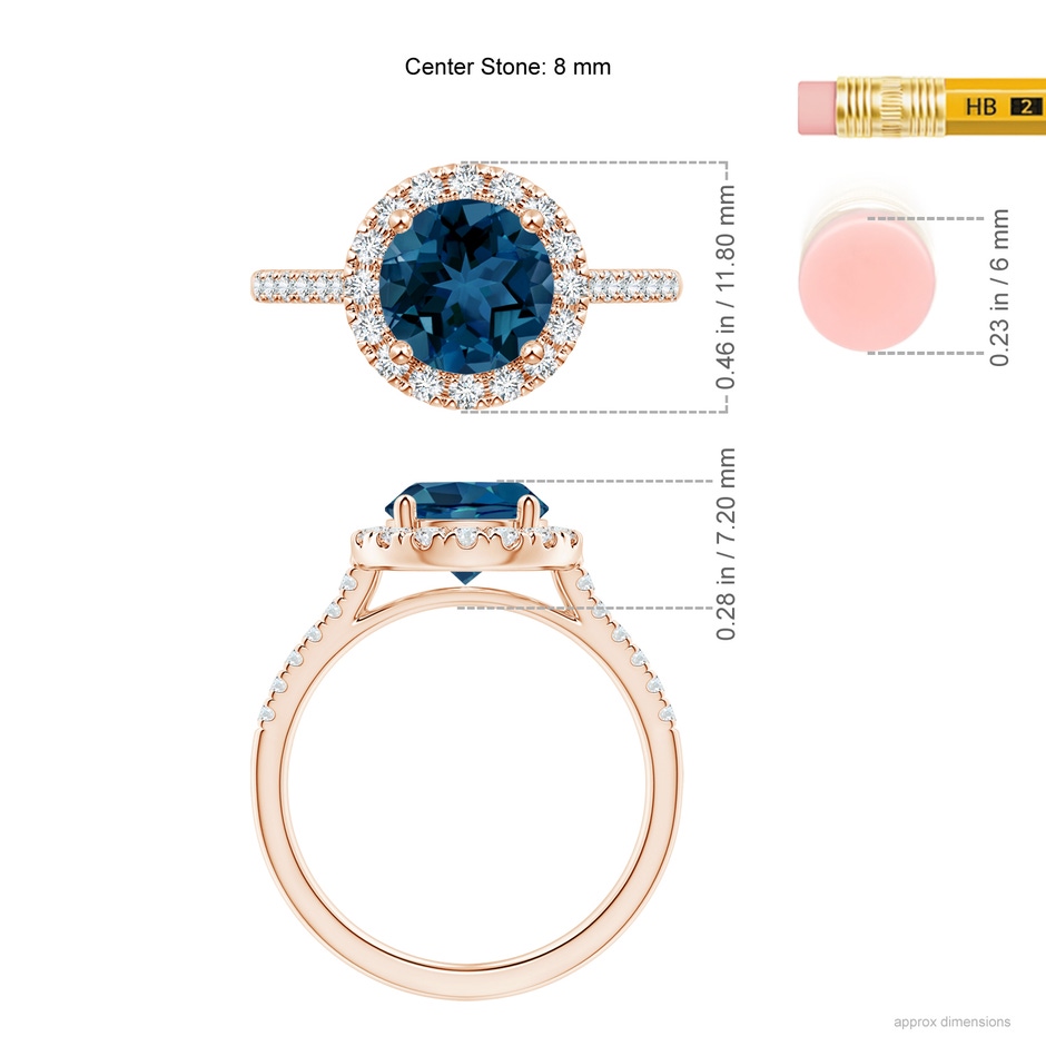 8mm AAA Round London Blue Topaz Halo Ring with Diamond Accents in Rose Gold ruler
