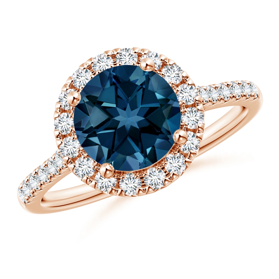 8mm AAAA Round London Blue Topaz Halo Ring with Diamond Accents in Rose Gold 