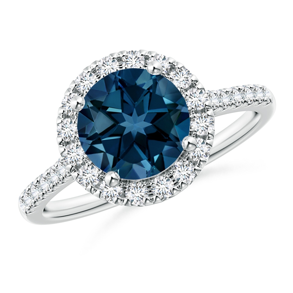 8mm AAAA Round London Blue Topaz Halo Ring with Diamond Accents in White Gold 
