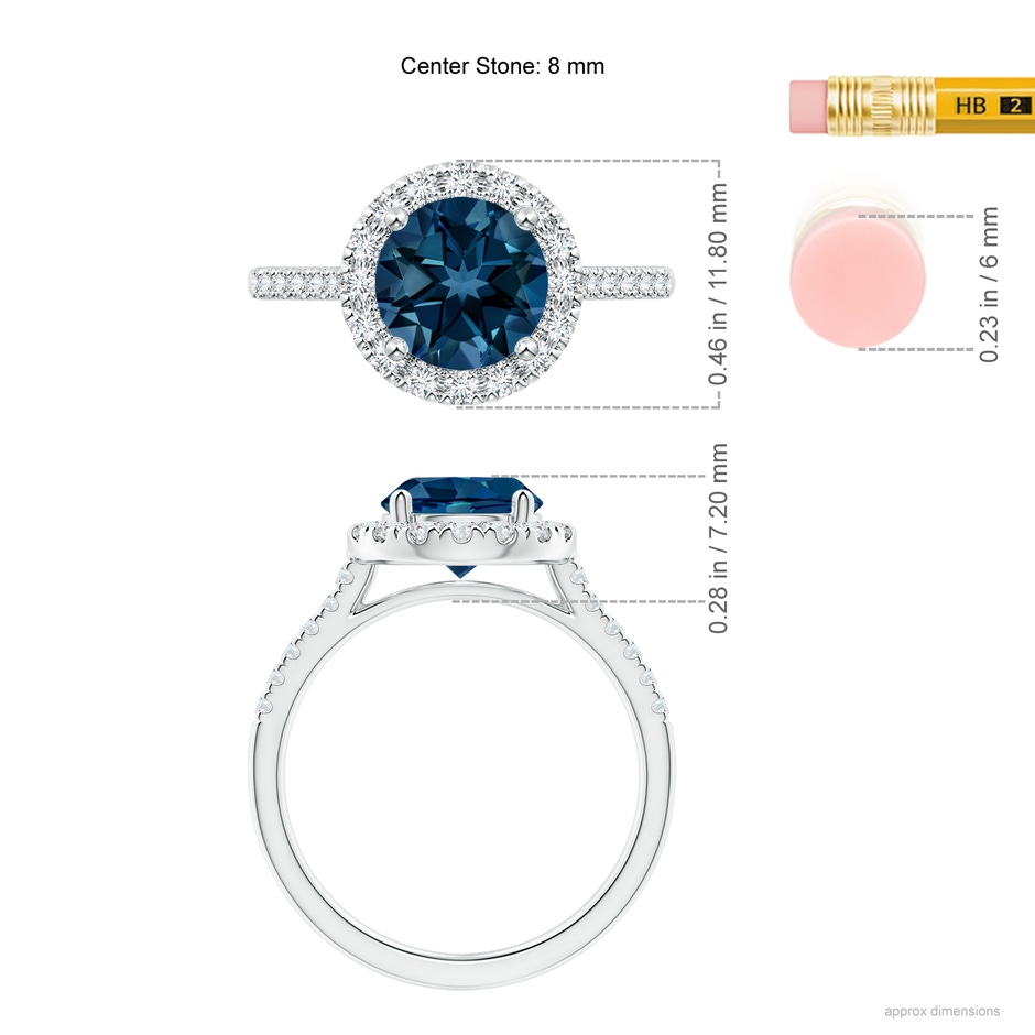 8mm AAAA Round London Blue Topaz Halo Ring with Diamond Accents in White Gold ruler