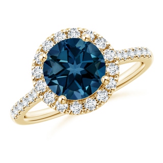 8mm AAAA Round London Blue Topaz Halo Ring with Diamond Accents in Yellow Gold