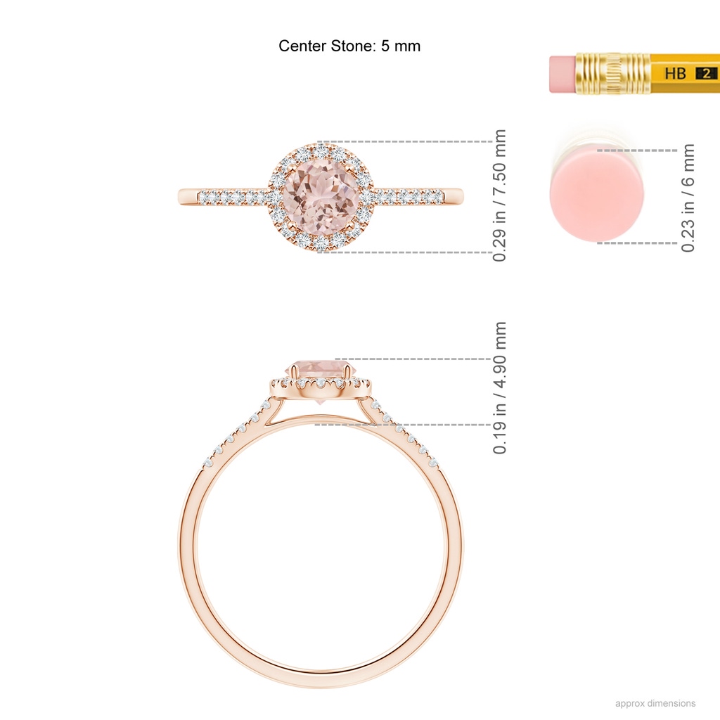 5mm AAA Round Morganite Halo Ring with Diamond Accents in 9K Rose Gold Ruler