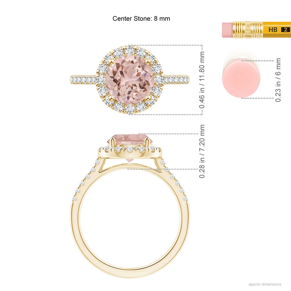 8mm AAA Round Morganite Halo Ring with Diamond Accents in Yellow Gold ruler