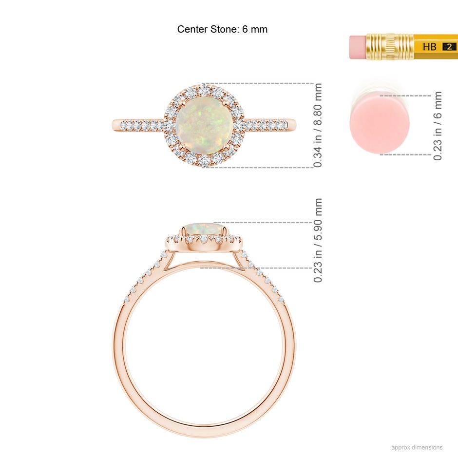 6mm AAA Round Opal Halo Ring with Diamond Accents in Rose Gold ruler