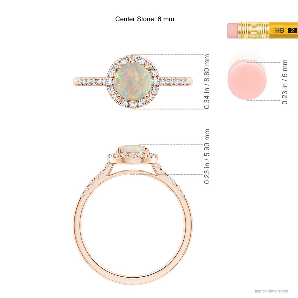 6mm AAAA Round Opal Halo Ring with Diamond Accents in Rose Gold Ruler