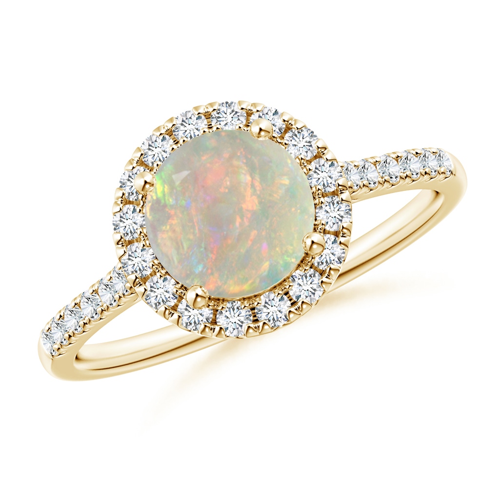 7mm AAAA Round Opal Halo Ring with Diamond Accents in Yellow Gold