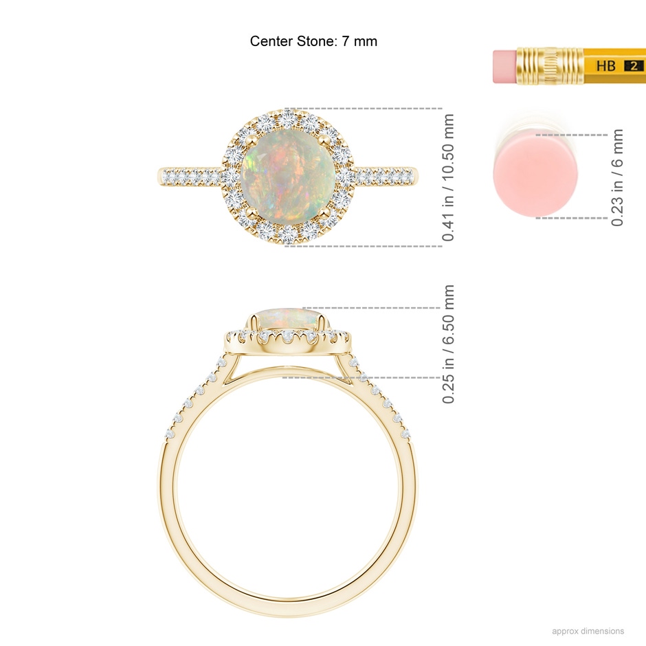 7mm AAAA Round Opal Halo Ring with Diamond Accents in Yellow Gold ruler