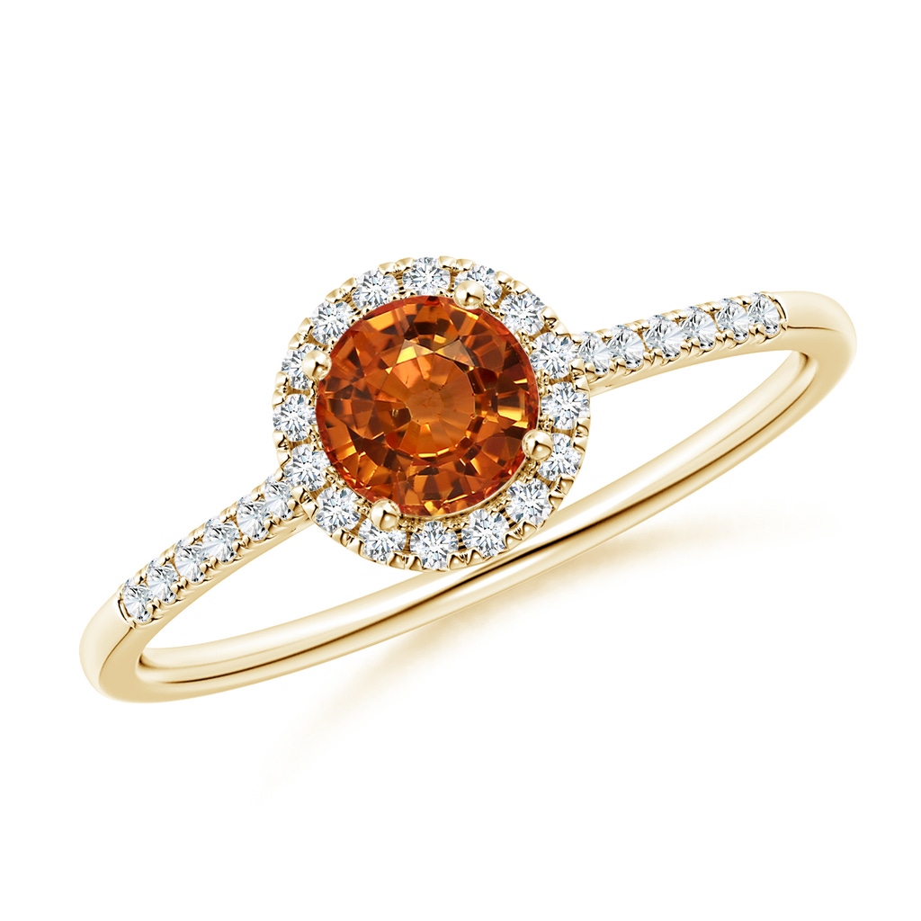 5mm AAAA Round Orange Sapphire Halo Ring with Diamond Accents in Yellow Gold