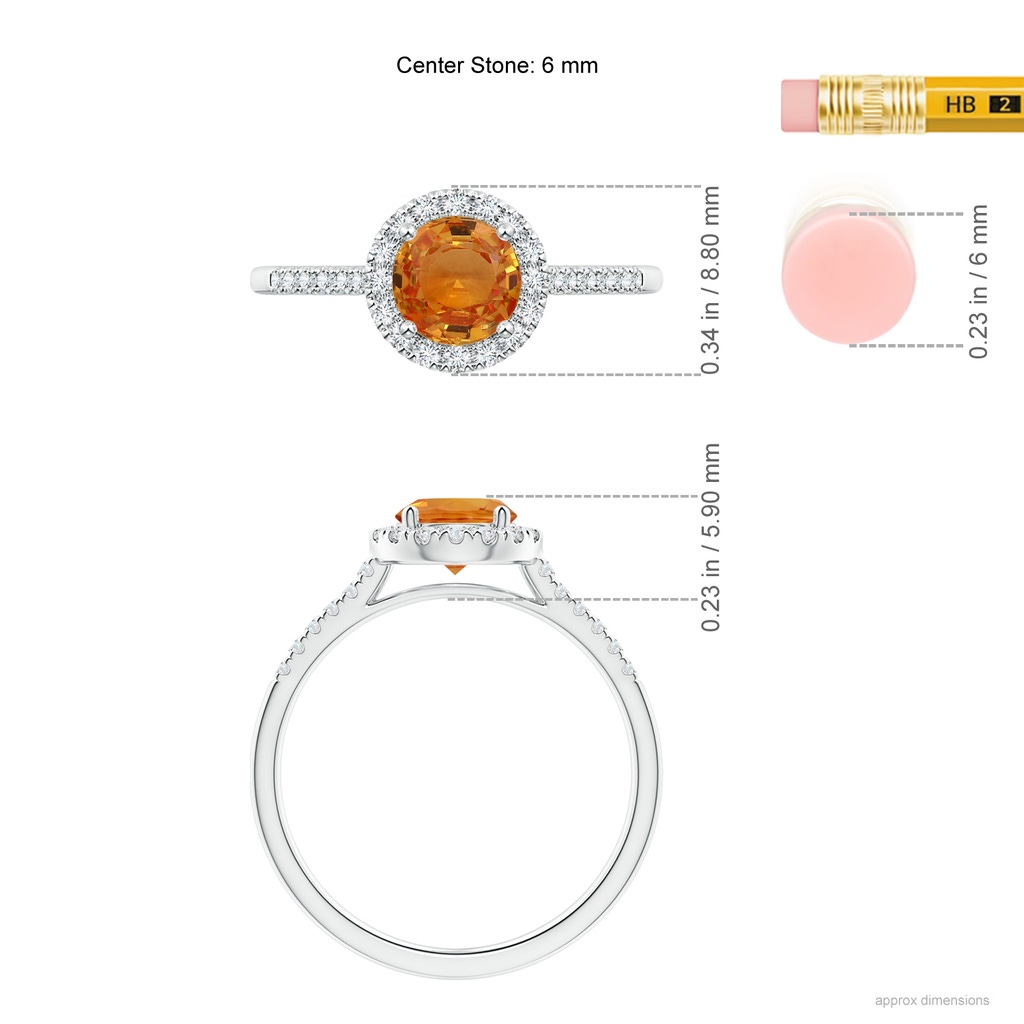 6mm AAA Round Orange Sapphire Halo Ring with Diamond Accents in White Gold Ruler