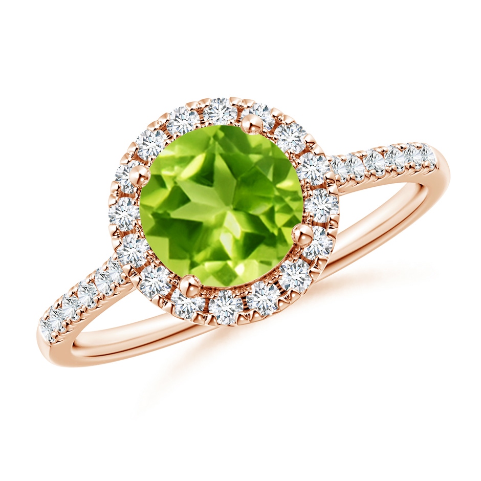 7mm AAA Round Peridot Halo Ring with Diamond Accents in Rose Gold 