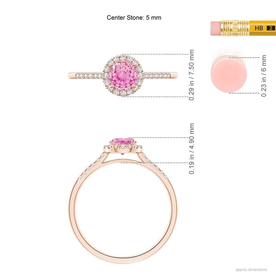 5mm A Round Pink Sapphire Halo Ring with Diamond Accents in Rose Gold ruler