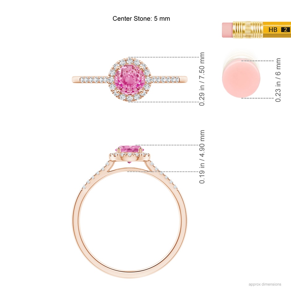 5mm AA Round Pink Sapphire Halo Ring with Diamond Accents in Rose Gold ruler