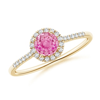 5mm AA Round Pink Sapphire Halo Ring with Diamond Accents in Yellow Gold