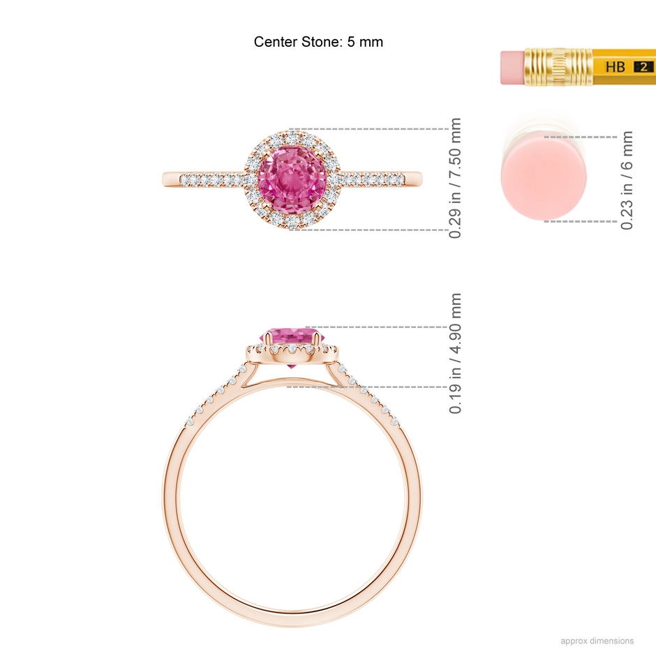 5mm AAA Round Pink Sapphire Halo Ring with Diamond Accents in Rose Gold ruler