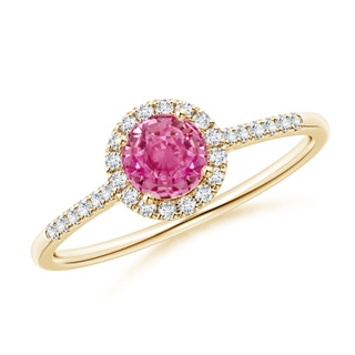 5mm AAA Round Pink Sapphire Halo Ring with Diamond Accents in Yellow Gold