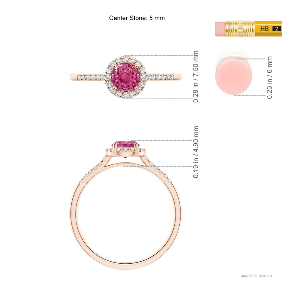5mm AAAA Round Pink Sapphire Halo Ring with Diamond Accents in Rose Gold ruler