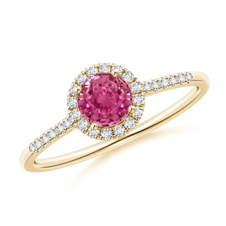 5mm AAAA Round Pink Sapphire Halo Ring with Diamond Accents in Yellow Gold