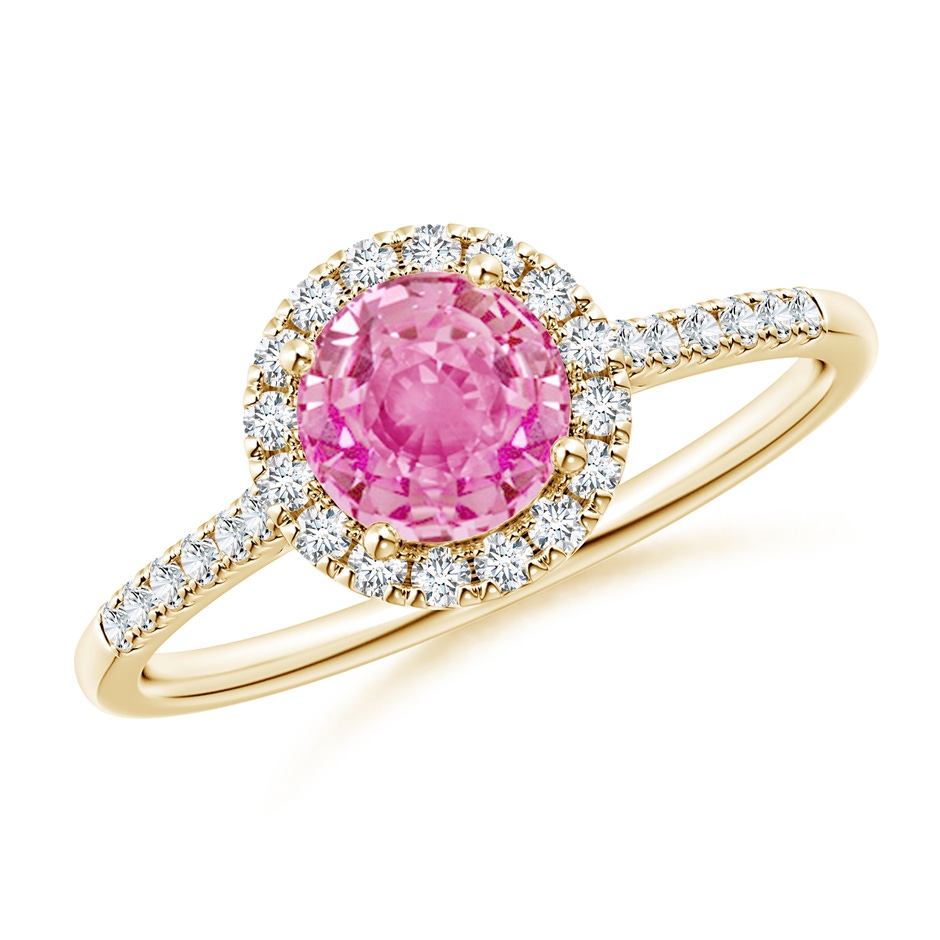 6mm AA Round Pink Sapphire Halo Ring with Diamond Accents in Yellow Gold 