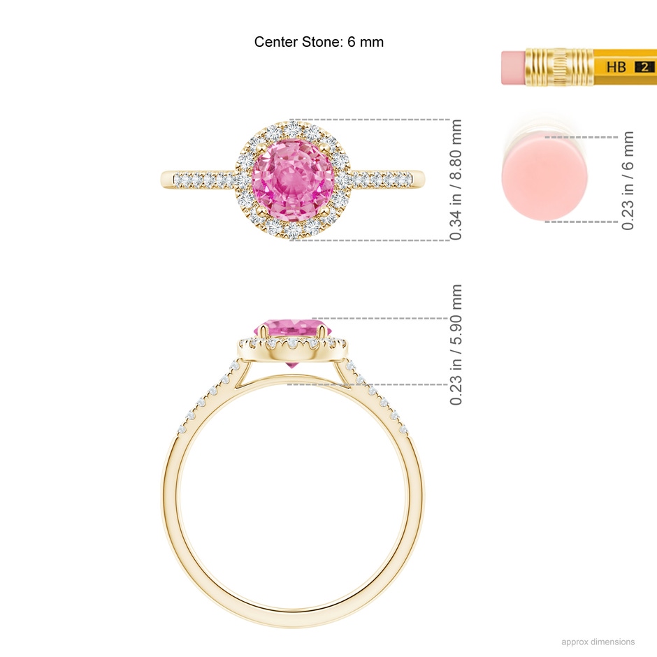 6mm AA Round Pink Sapphire Halo Ring with Diamond Accents in Yellow Gold ruler