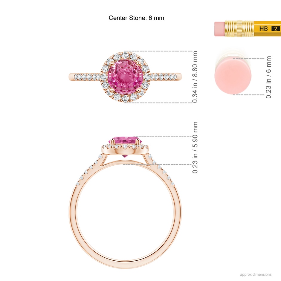 6mm AAA Round Pink Sapphire Halo Ring with Diamond Accents in Rose Gold ruler