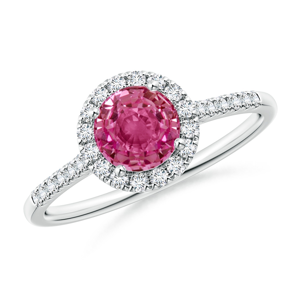 6mm AAAA Round Pink Sapphire Halo Ring with Diamond Accents in P950 Platinum