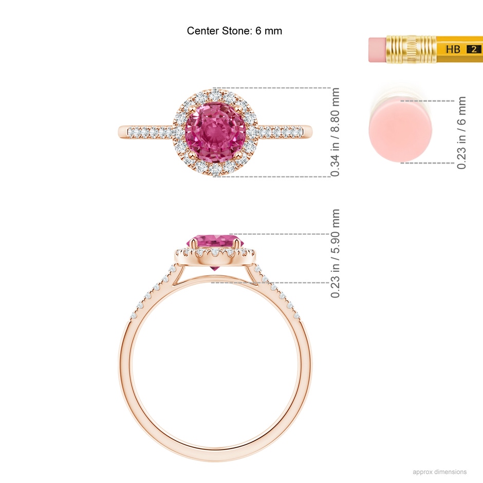 6mm AAAA Round Pink Sapphire Halo Ring with Diamond Accents in Rose Gold ruler