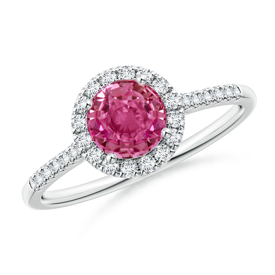 6mm AAAA Round Pink Sapphire Halo Ring with Diamond Accents in White Gold 