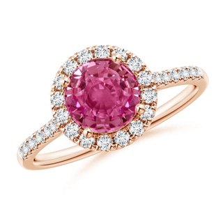 7mm AAAA Round Pink Sapphire Halo Ring with Diamond Accents in Rose Gold