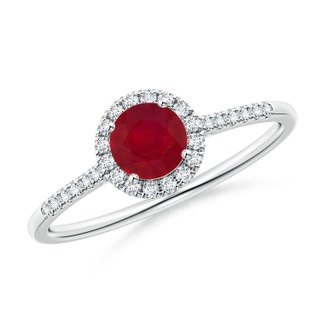 5mm AA Round Ruby Halo Ring with Diamond Accents in White Gold