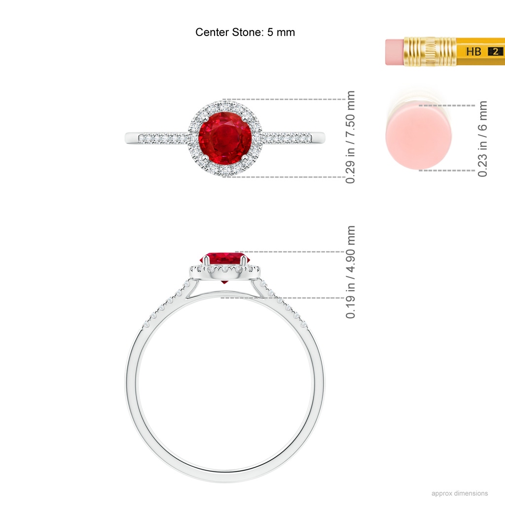 5mm AAA Round Ruby Halo Ring with Diamond Accents in P950 Platinum Ruler
