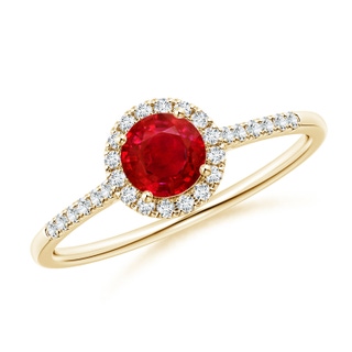 5mm AAA Round Ruby Halo Ring with Diamond Accents in Yellow Gold