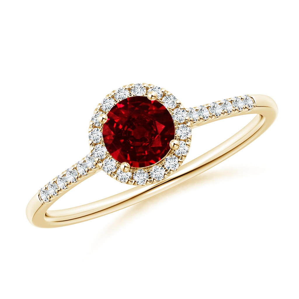 5mm AAAA Round Ruby Halo Ring with Diamond Accents in Yellow Gold