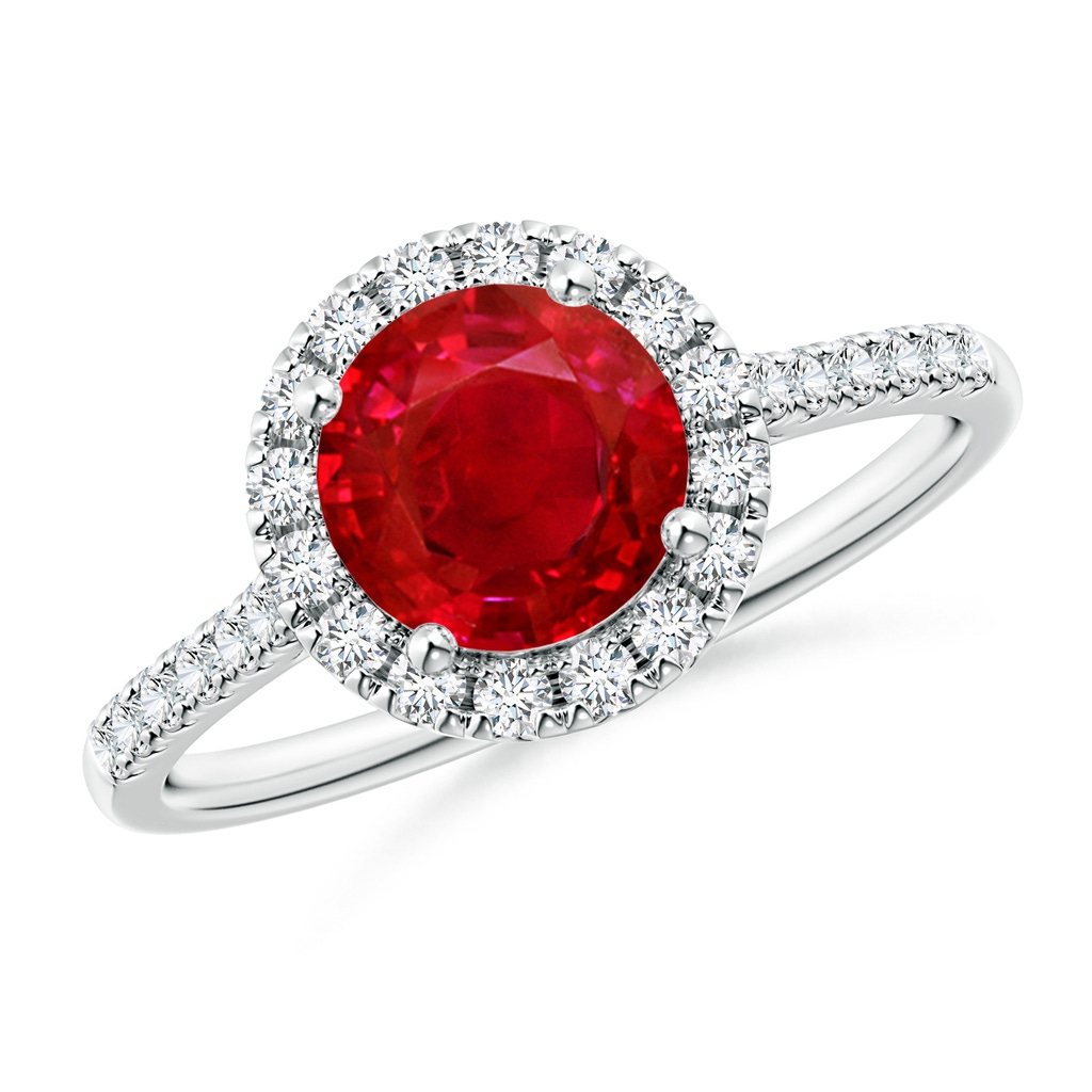 7mm AAA Round Ruby Halo Ring with Diamond Accents in White Gold