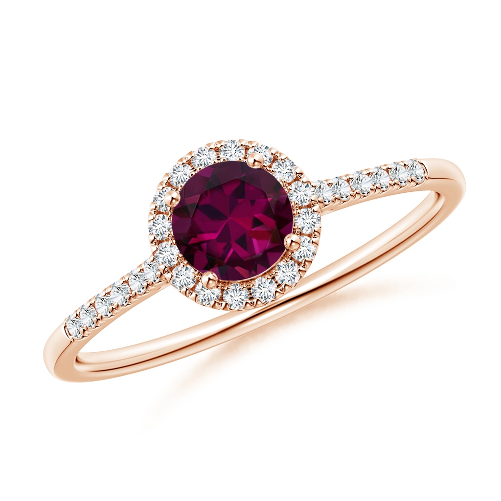 5mm AAAA Round Rhodolite Halo Ring with Diamond Accents in Rose Gold