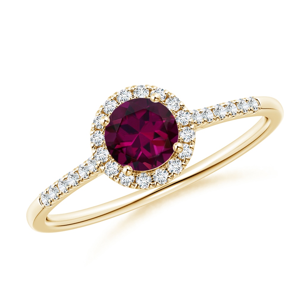 5mm AAAA Round Rhodolite Halo Ring with Diamond Accents in Yellow Gold
