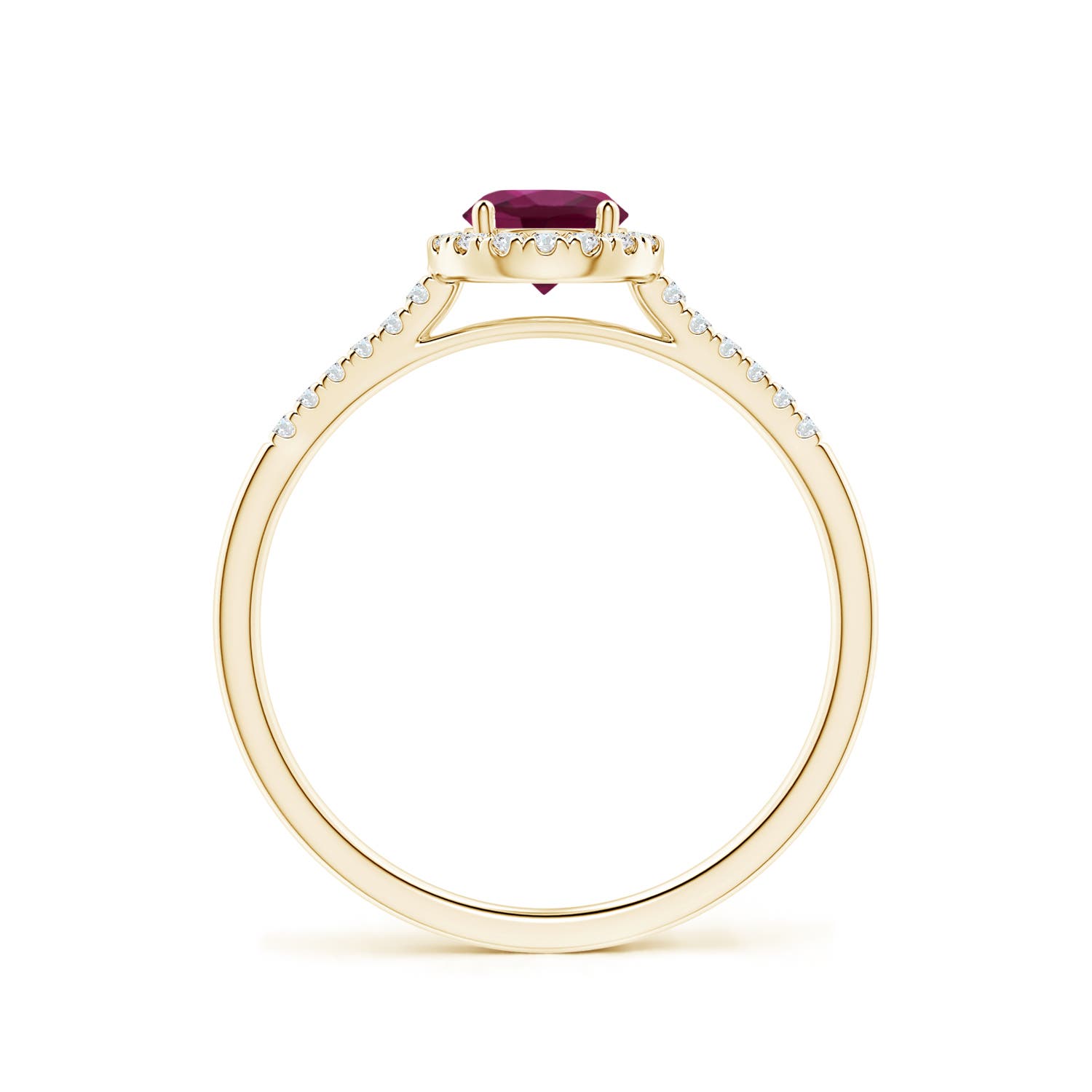 5mm AAAA Round Rhodolite Halo Ring with Diamond Accents in Yellow Gold
