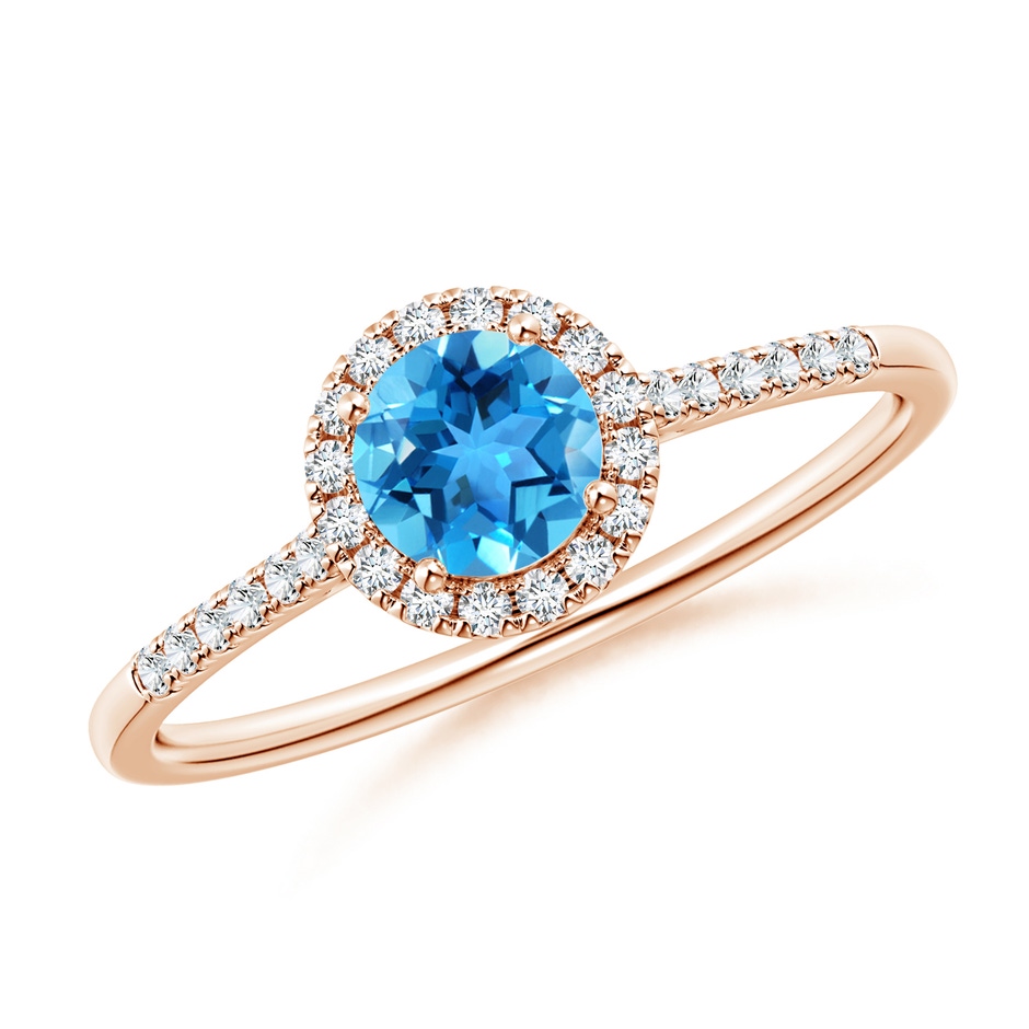 5mm AAA Round Swiss Blue Topaz Halo Ring with Diamond Accents in 9K Rose Gold 