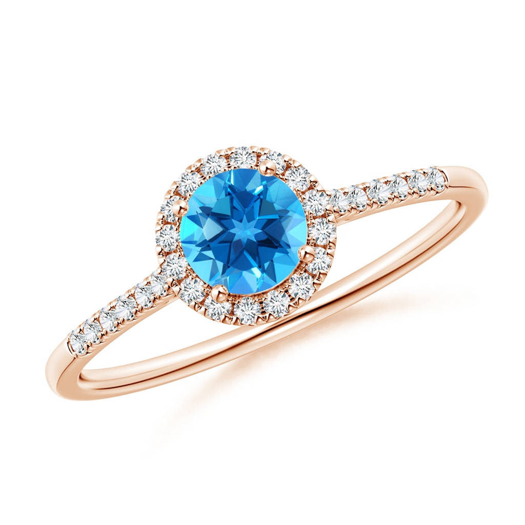 5mm AAAA Round Swiss Blue Topaz Halo Ring with Diamond Accents in Rose Gold