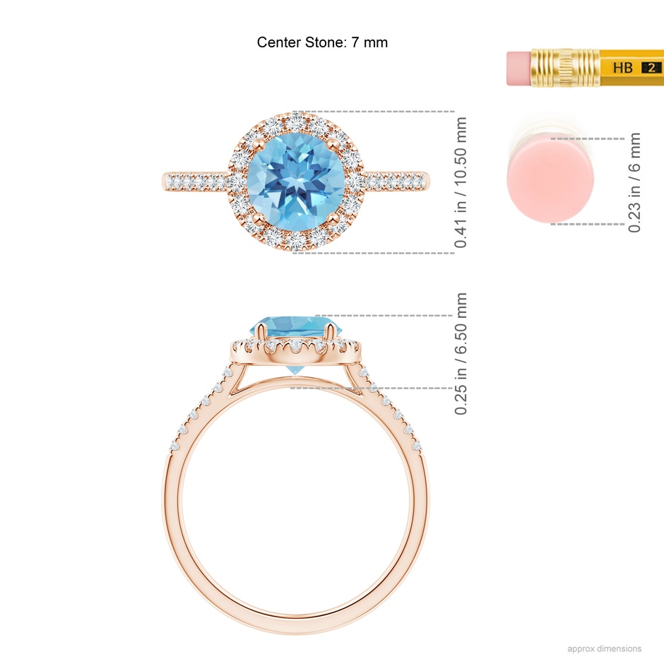 7mm A Round Swiss Blue Topaz Halo Ring with Diamond Accents in Rose Gold ruler