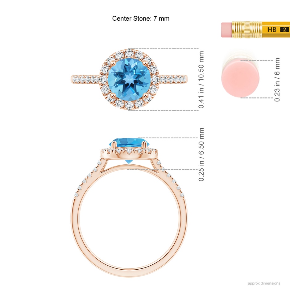7mm AA Round Swiss Blue Topaz Halo Ring with Diamond Accents in Rose Gold ruler