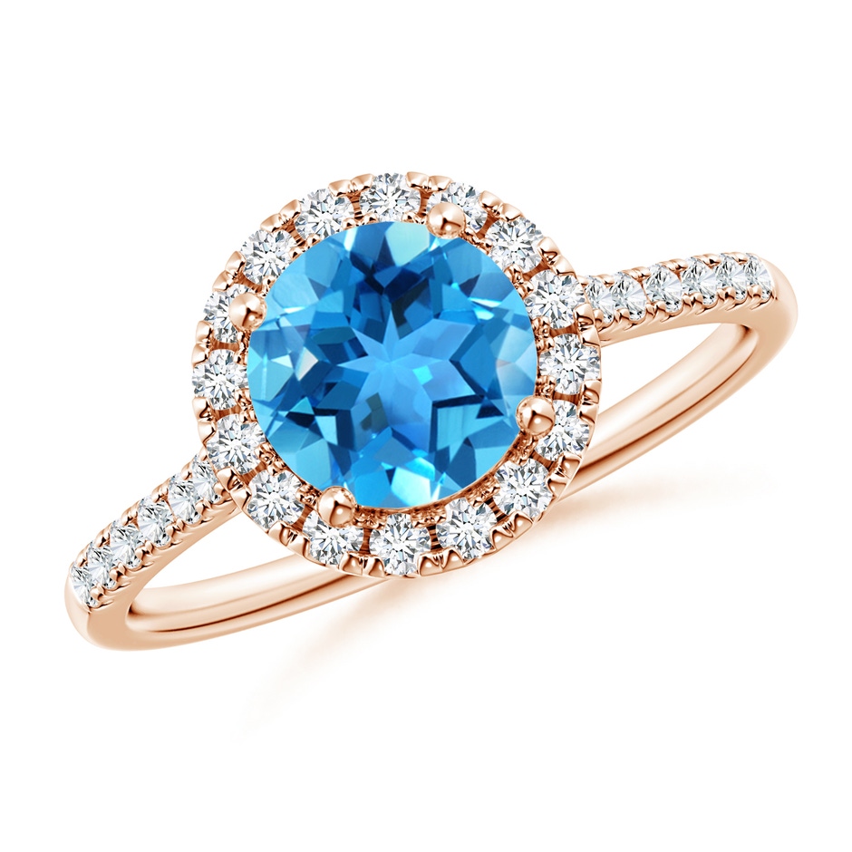 7mm AAA Round Swiss Blue Topaz Halo Ring with Diamond Accents in Rose Gold 