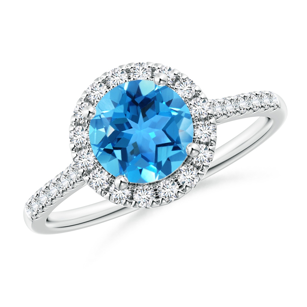7mm AAA Round Swiss Blue Topaz Halo Ring with Diamond Accents in White Gold