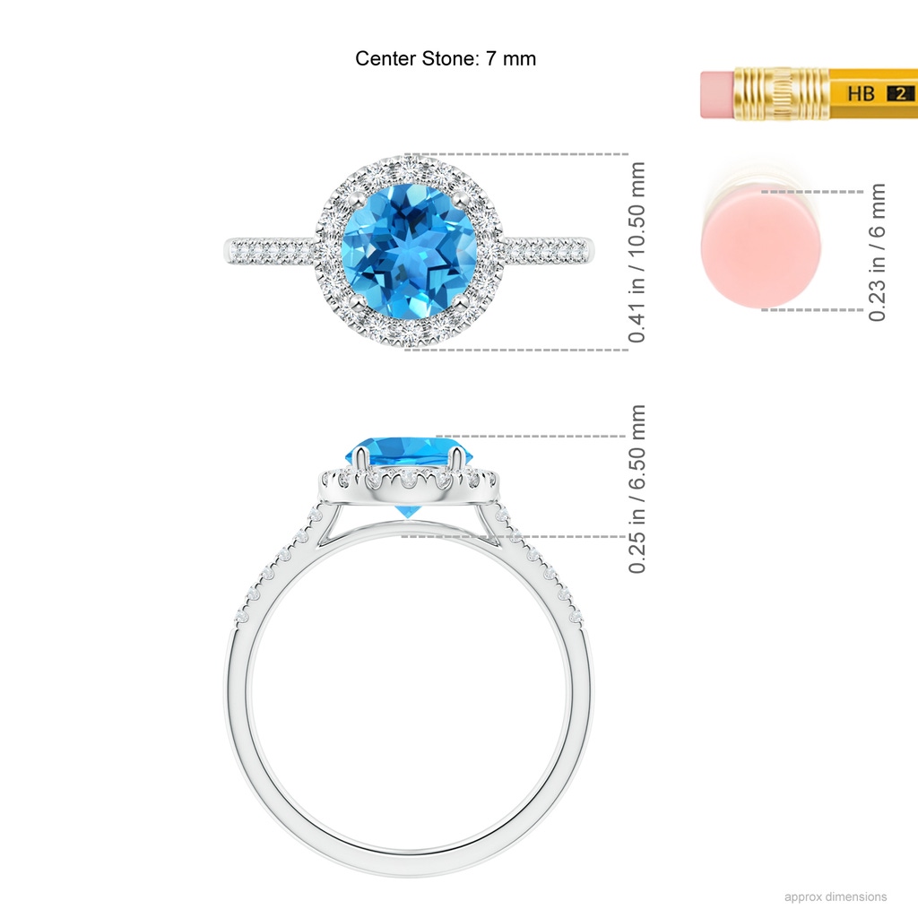 7mm AAA Round Swiss Blue Topaz Halo Ring with Diamond Accents in White Gold Ruler