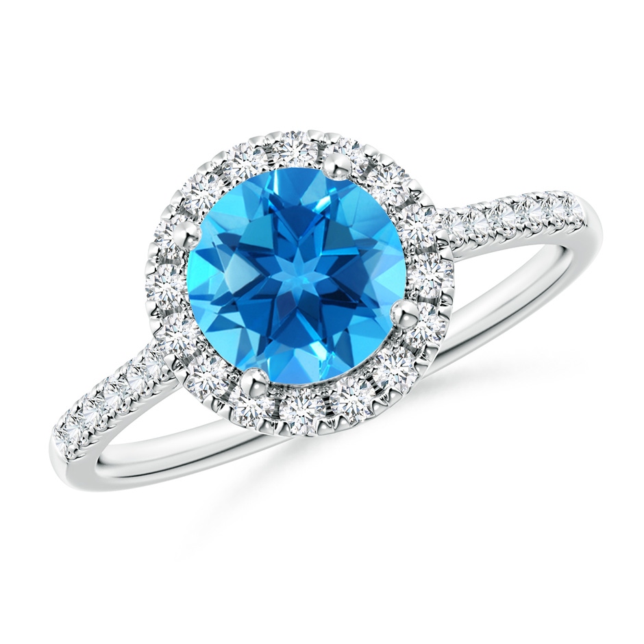 7mm AAAA Round Swiss Blue Topaz Halo Ring with Diamond Accents in White Gold 