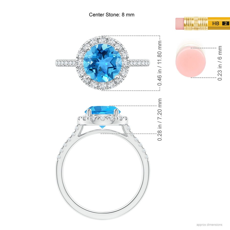8mm AAA Round Swiss Blue Topaz Halo Ring with Diamond Accents in White Gold ruler