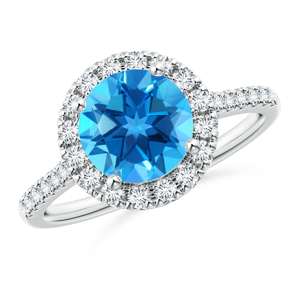 8mm AAAA Round Swiss Blue Topaz Halo Ring with Diamond Accents in White Gold