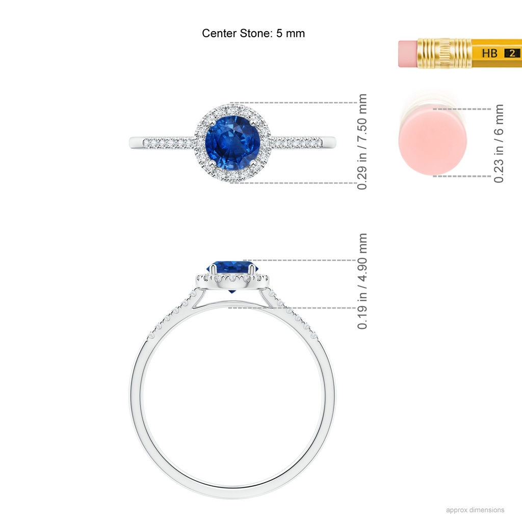 5mm AAA Round Sapphire Halo Ring with Diamond Accents in White Gold Ruler