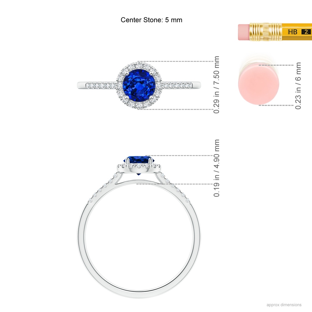 5mm AAAA Round Sapphire Halo Ring with Diamond Accents in P950 Platinum Ruler