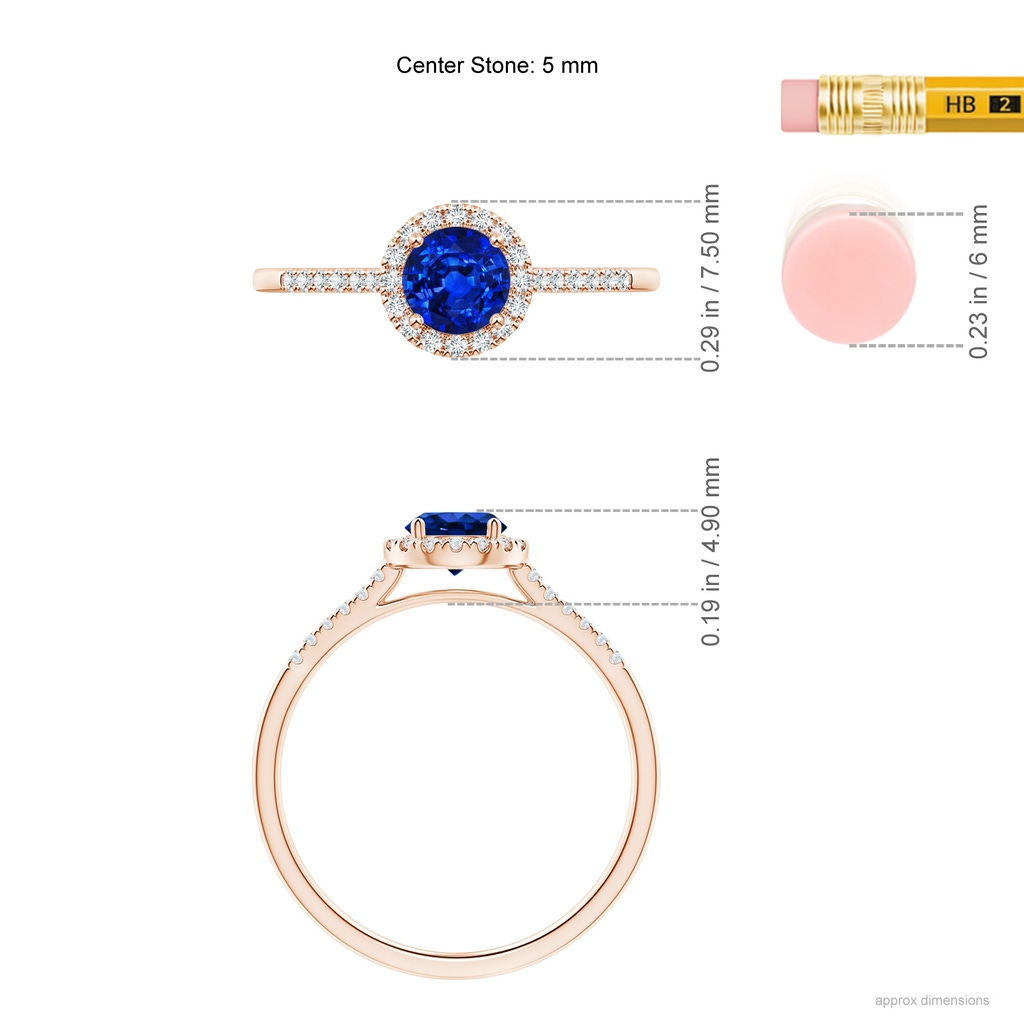 5mm AAAA Round Sapphire Halo Ring with Diamond Accents in Rose Gold Ruler